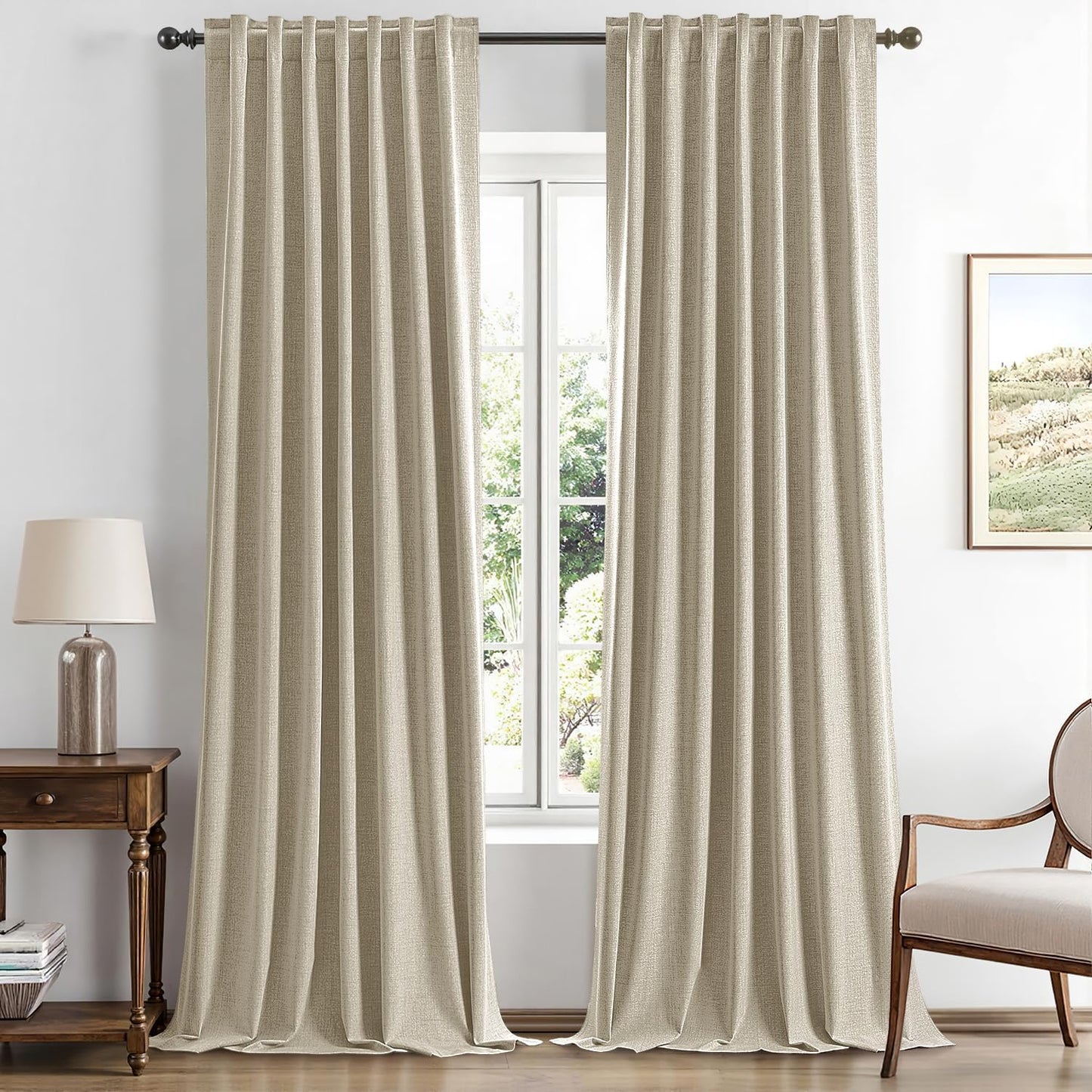 100% Blackout Linen Curtains for Bedroom, Ivory Solid Luxury Decor Thermal Insulation Room Darkening Drapes for Living Room Nursery Back Tab Rod Pocket 42 x 84 Inches, 2 Panels